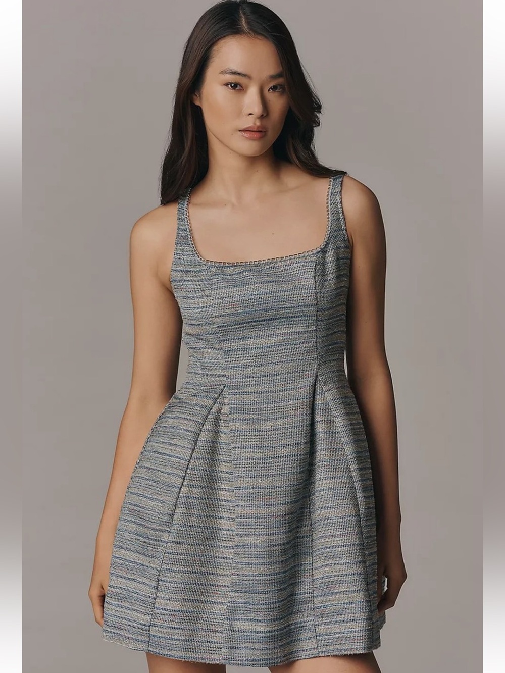 Anthropologie Multicolor Blue-Beige Tweed Midi Dress